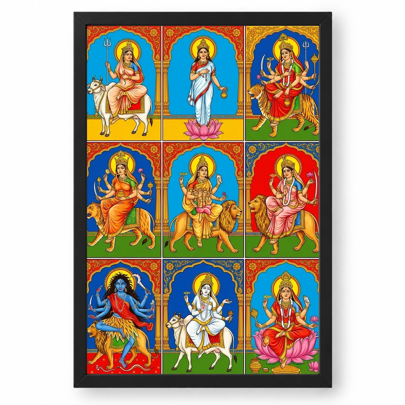 Navdurga Nine Forms Durga Vibrant Festival Devotional Art Photo Frame 1 Navdurga Nine Forms Durga Vibrant Festival Devotional Art Photo Frame — black frame clean