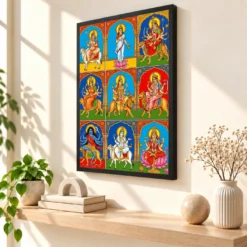 Navdurga Nine Forms Durga Vibrant Festival Devotional Art Photo Frame — black frame console