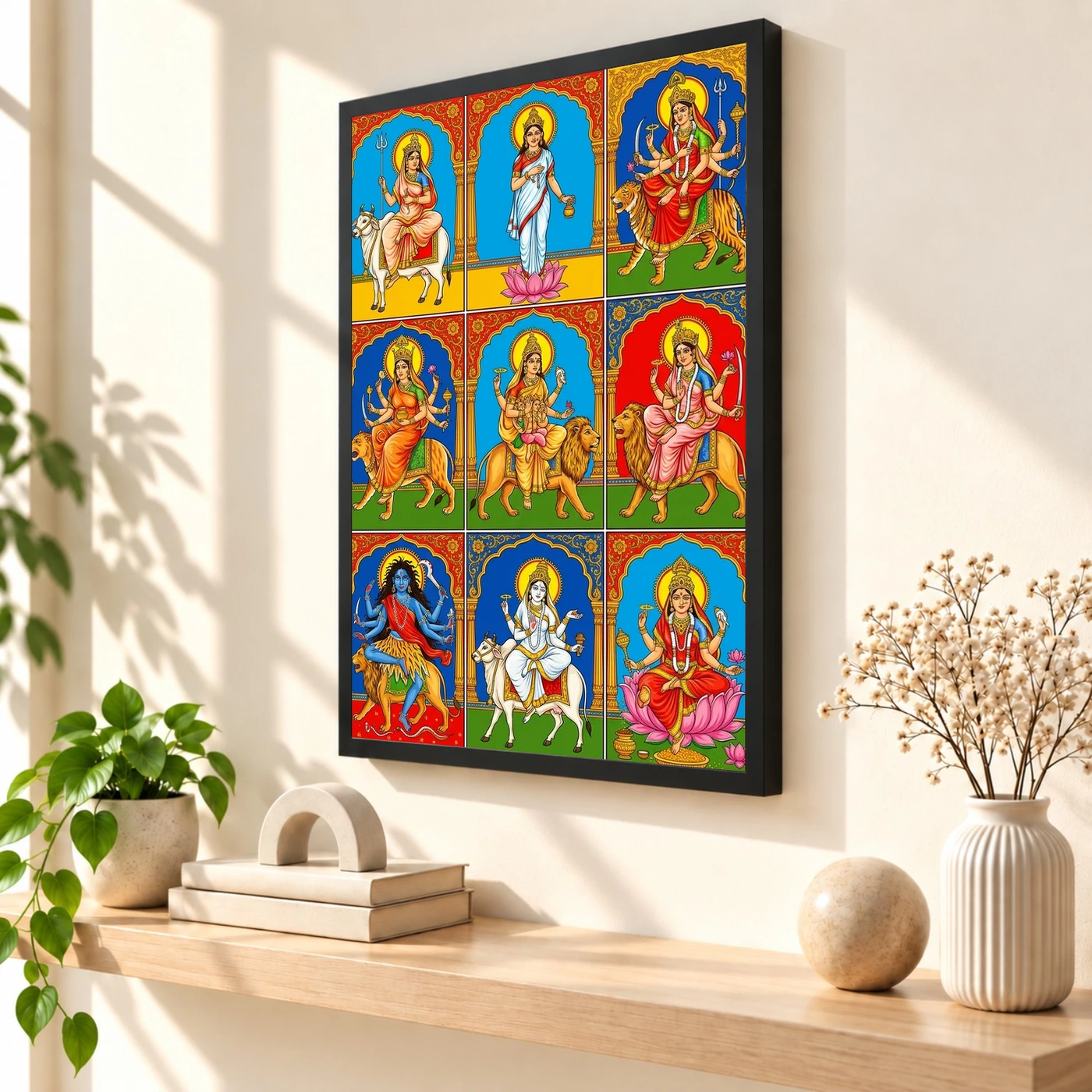 Navdurga Nine Forms Durga Vibrant Festival Devotional Art Photo Frame 2 Navdurga Nine Forms Durga Vibrant Festival Devotional Art Photo Frame — black frame console