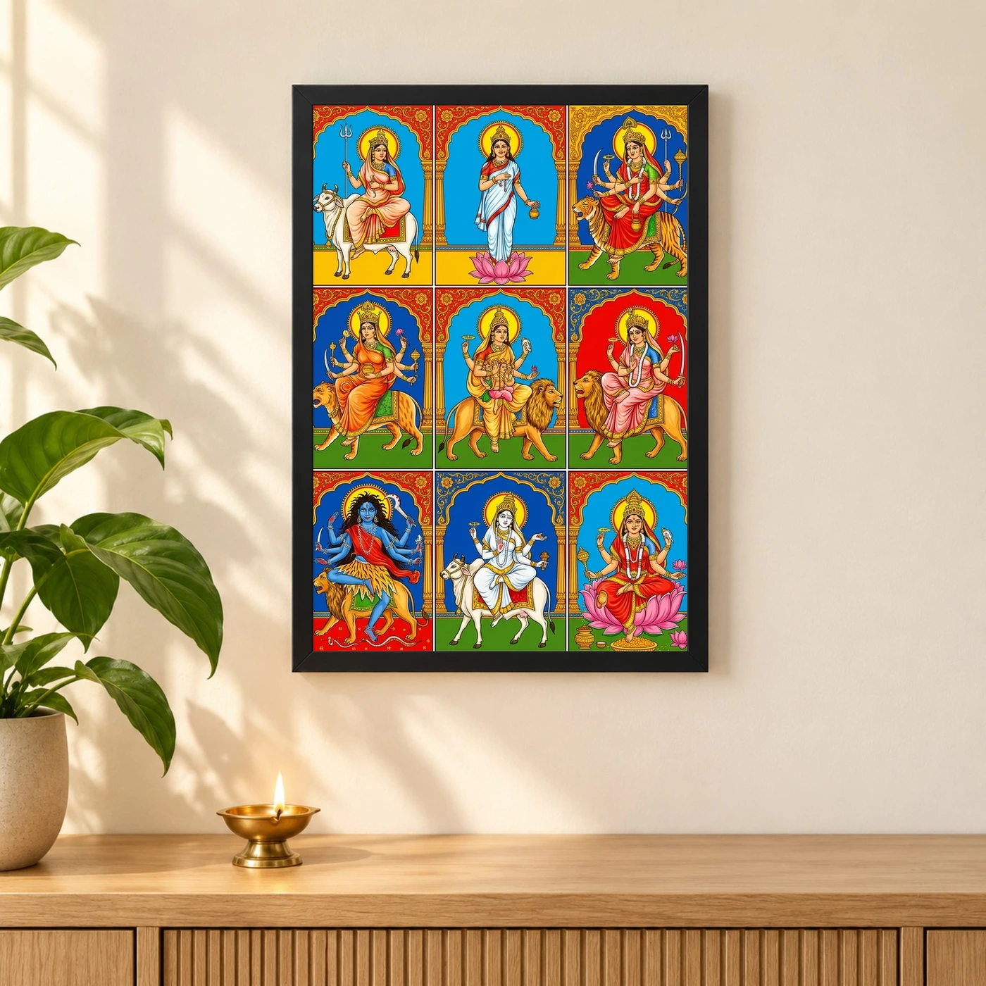 Navdurga Nine Forms Durga Vibrant Festival Devotional Art Photo Frame 3 Navdurga Nine Forms Durga Vibrant Festival Devotional Art Photo Frame — black frame pooja shelf