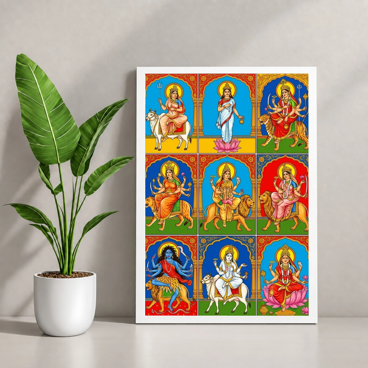 Navdurga Nine Forms Durga Vibrant Festival Devotional Art Photo Frame 4 Navdurga Nine Forms Durga Vibrant Festival Devotional Art Photo Frame — white frame console