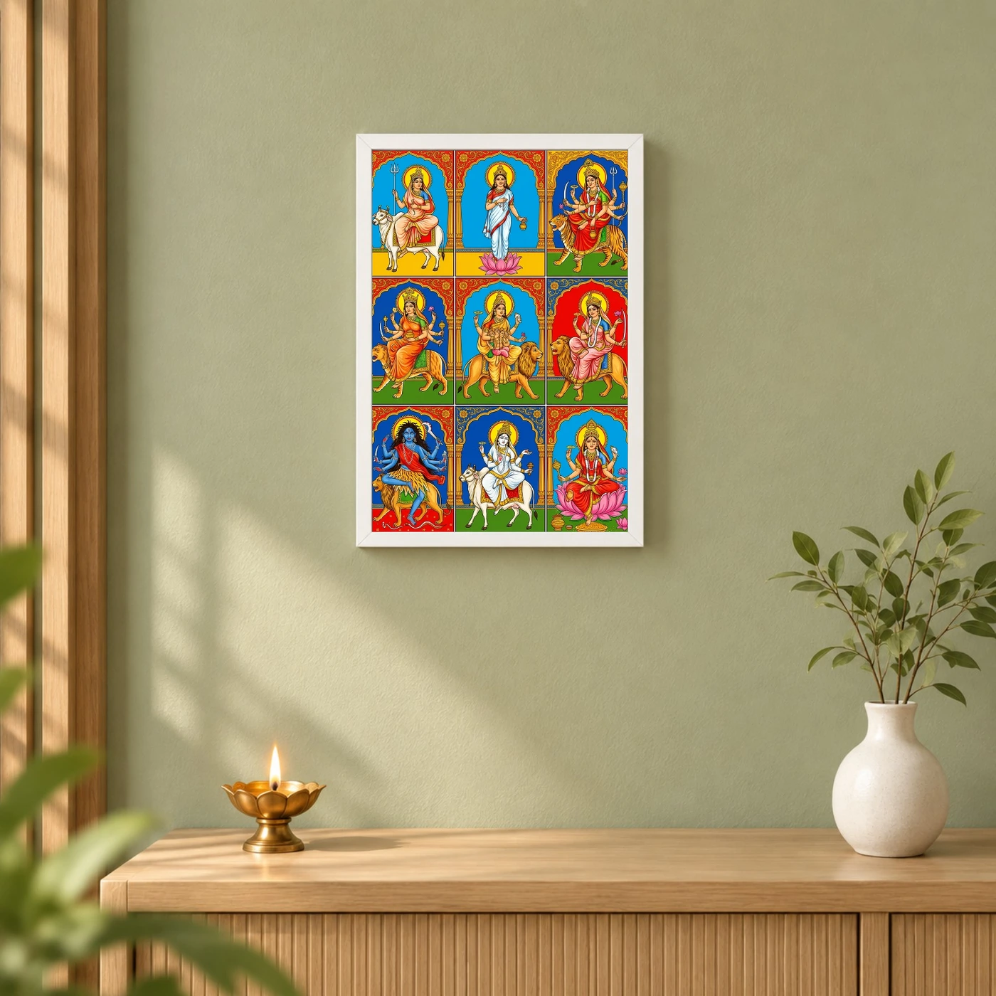 Navdurga Nine Forms Durga Vibrant Festival Devotional Art Photo Frame 6 Navdurga Nine Forms Durga Vibrant Festival Devotional Art Photo Frame — white frame distant wall