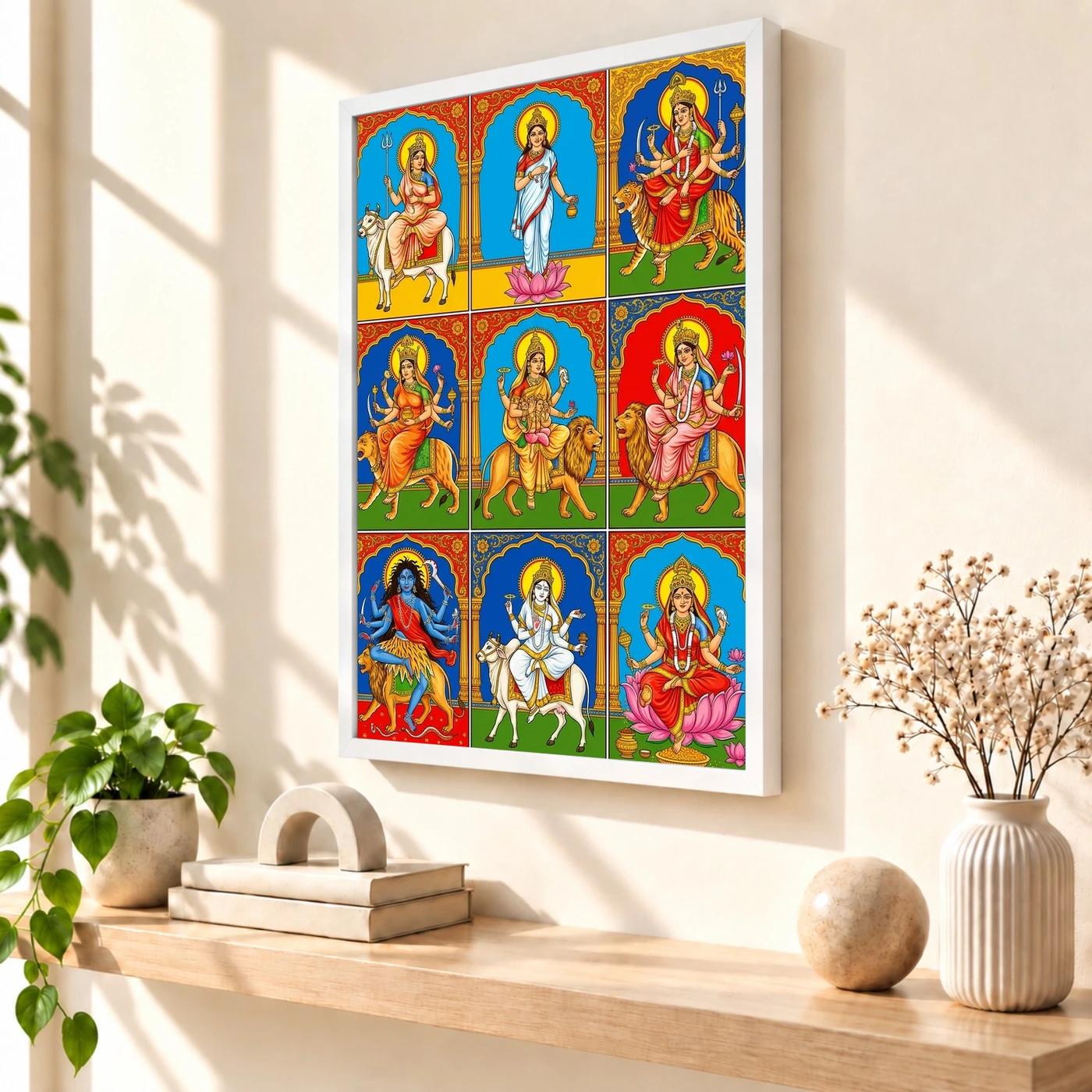 Navdurga Nine Forms Durga Vibrant Festival Devotional Art Photo Frame 7 Navdurga Nine Forms Durga Vibrant Festival Devotional Art Photo Frame — white frame warm console