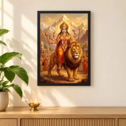 Sherawali Mata Durga Lion Mountain Saffron Gold Art Photo Frame — black frame pooja shelf