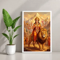 Sherawali Mata Durga Lion Mountain Saffron Gold Art Photo Frame — white frame console