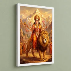 Sherawali Mata Durga Lion Mountain Saffron Gold Art Photo Frame — white frame angled wall