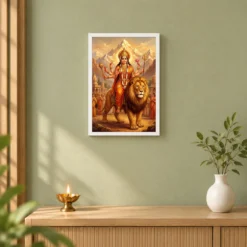 Sherawali Mata Durga Lion Mountain Saffron Gold Art Photo Frame — white frame distant wall