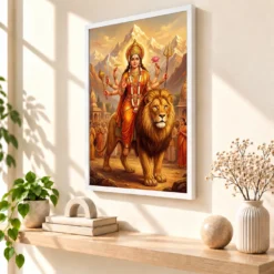 Sherawali Mata Durga Lion Mountain Saffron Gold Art Photo Frame — white frame warm console