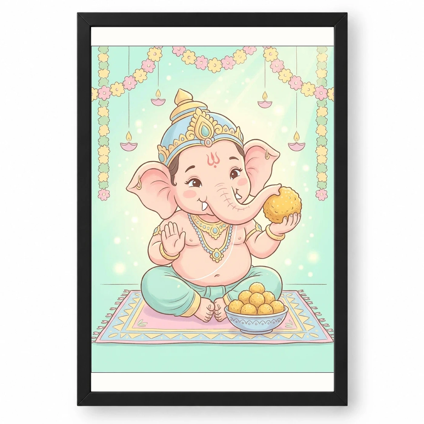 Baby Ganesha Ladoo Cute Pastel Festive Illustration Art Photo Frame 1 Baby Ganesha Ladoo Cute Pastel Festive Illustration Art Photo Frame — black frame clean