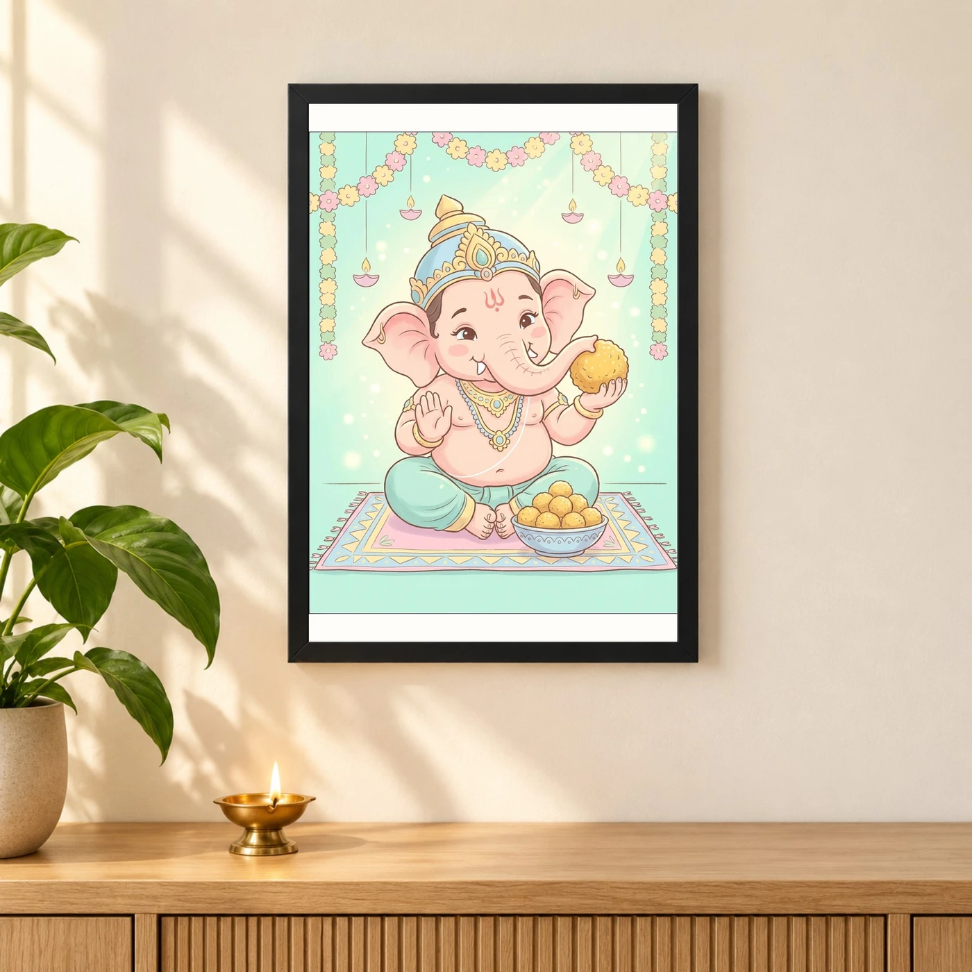 Baby Ganesha Ladoo Cute Pastel Festive Illustration Art Photo Frame 3 Baby Ganesha Ladoo Cute Pastel Festive Illustration Art Photo Frame — black frame pooja shelf