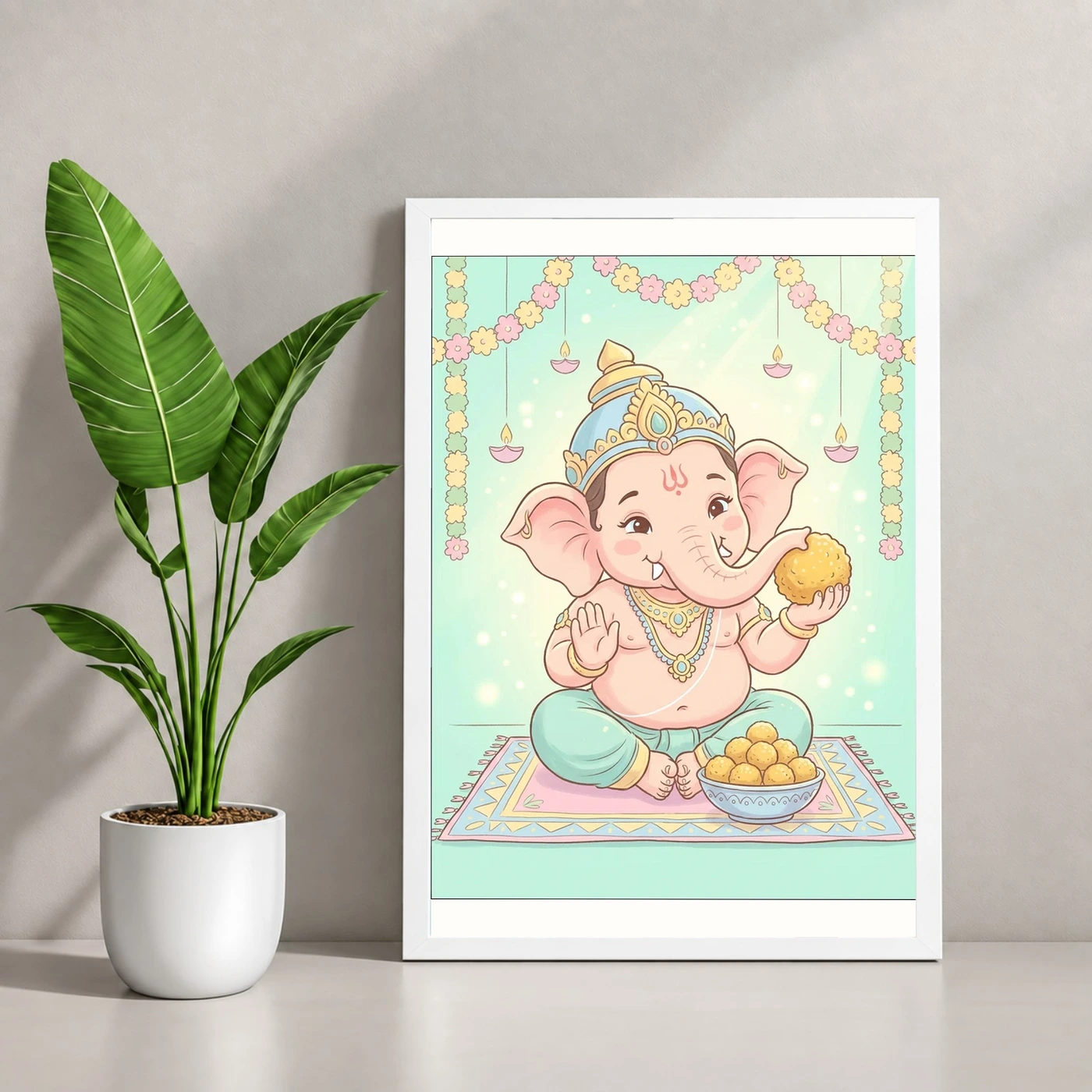 Baby Ganesha Ladoo Cute Pastel Festive Illustration Art Photo Frame 4 Baby Ganesha Ladoo Cute Pastel Festive Illustration Art Photo Frame — white frame console