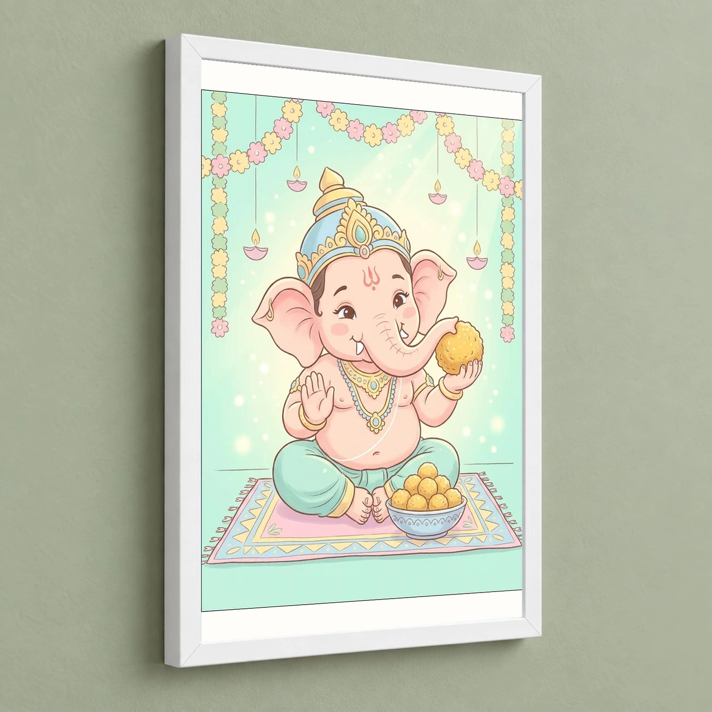 Baby Ganesha Ladoo Cute Pastel Festive Illustration Art Photo Frame 5 Baby Ganesha Ladoo Cute Pastel Festive Illustration Art Photo Frame — white frame angled wall