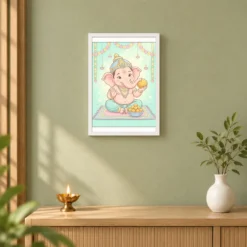 Baby Ganesha Ladoo Cute Pastel Festive Illustration Art Photo Frame 14 Baby Ganesha Ladoo Cute Pastel Festive Illustration Art Photo Frame — white frame distant wall