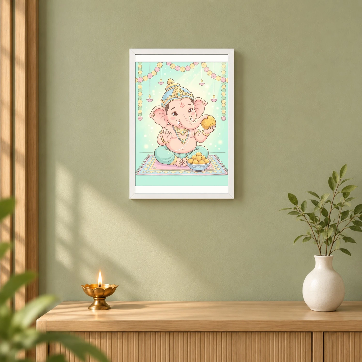 Baby Ganesha Ladoo Cute Pastel Festive Illustration Art Photo Frame 6 Baby Ganesha Ladoo Cute Pastel Festive Illustration Art Photo Frame — white frame distant wall