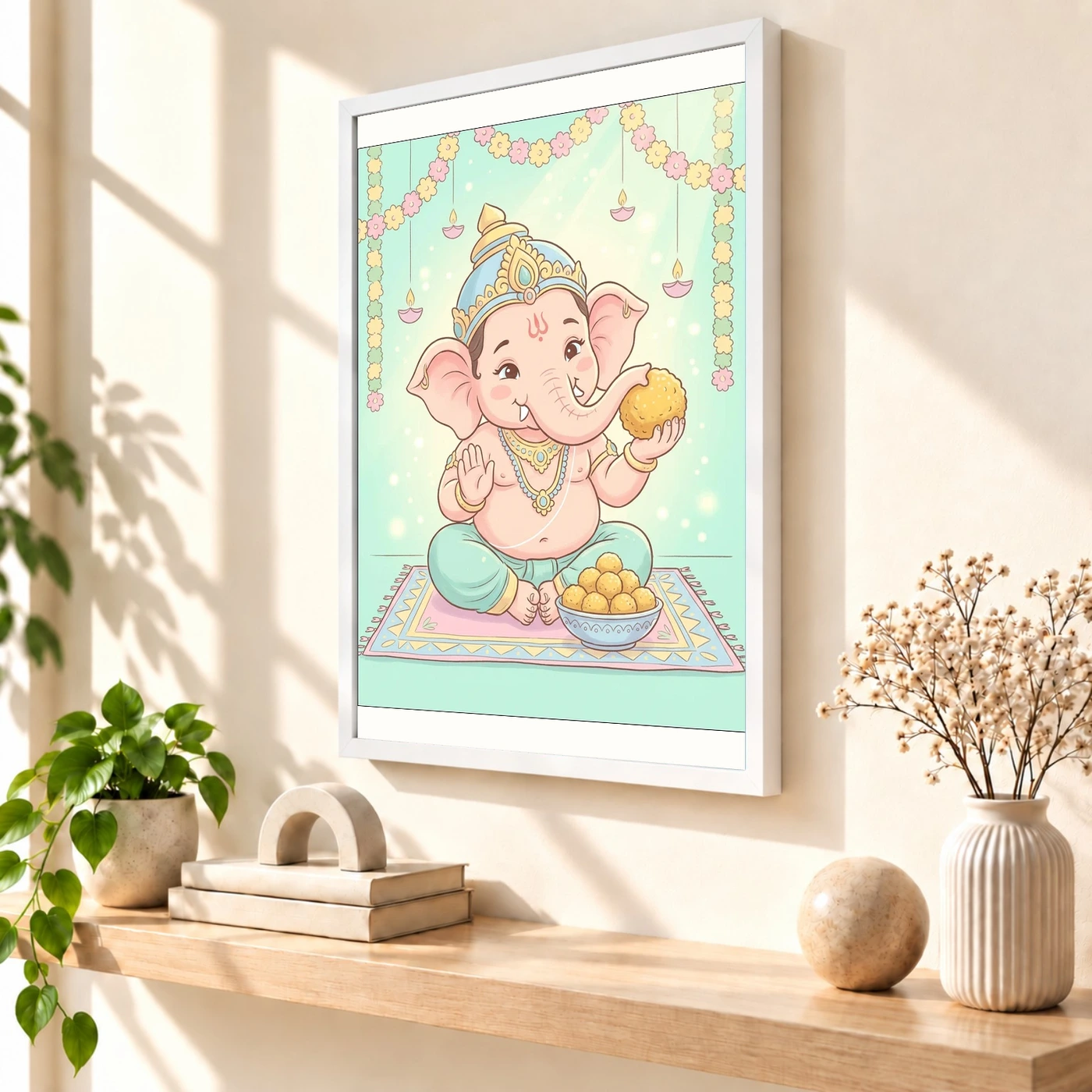Baby Ganesha Ladoo Cute Pastel Festive Illustration Art Photo Frame 7 Baby Ganesha Ladoo Cute Pastel Festive Illustration Art Photo Frame — white frame warm console