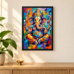 Ganesha Abstract Contemporary Bold Brushstroke Gallery Art Photo Frame — black frame pooja shelf
