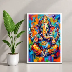Ganesha Abstract Contemporary Bold Brushstroke Gallery Art Photo Frame — white frame console