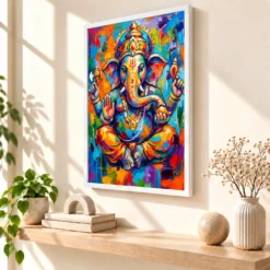 Ganesha Abstract Contemporary Bold Brushstroke Gallery Art Photo Frame — white frame warm console