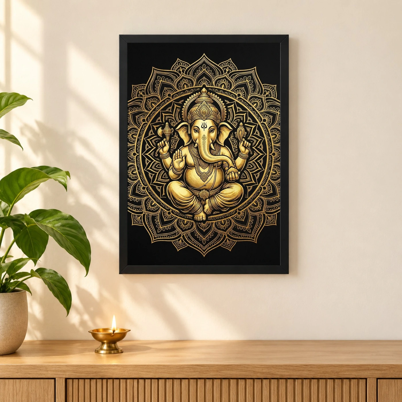 Ganesha Black Gold Luxury Mandala Premium Wall Art Photo Frame 3 Ganesha Black Gold Luxury Mandala Premium Wall Art Photo Frame — black frame pooja shelf