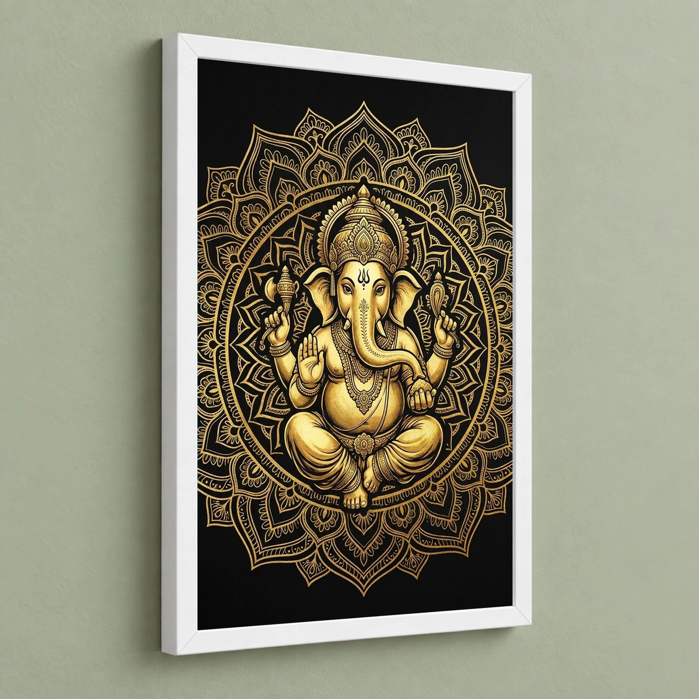 Ganesha Black Gold Luxury Mandala Premium Wall Art Photo Frame 5 Ganesha Black Gold Luxury Mandala Premium Wall Art Photo Frame — white frame angled wall