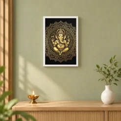 Ganesha Black Gold Luxury Mandala Premium Wall Art Photo Frame 14 Ganesha Black Gold Luxury Mandala Premium Wall Art Photo Frame — white frame distant wall