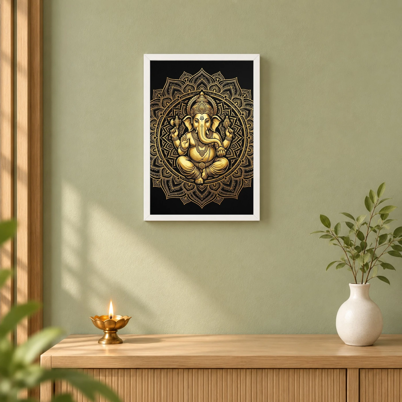 Ganesha Black Gold Luxury Mandala Premium Wall Art Photo Frame 6 Ganesha Black Gold Luxury Mandala Premium Wall Art Photo Frame — white frame distant wall