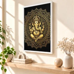 Ganesha Black Gold Luxury Mandala Premium Wall Art Photo Frame 15 Ganesha Black Gold Luxury Mandala Premium Wall Art Photo Frame — white frame warm console