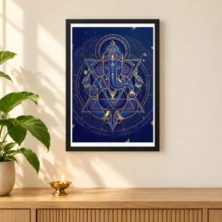 Ganesha Geometric Mandala Blue Gold Sacred Geometry Art Photo Frame — black frame pooja shelf