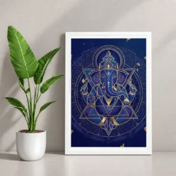 Ganesha Geometric Mandala Blue Gold Sacred Geometry Art Photo Frame — white frame console