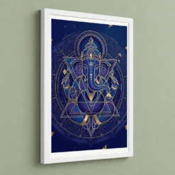 Ganesha Geometric Mandala Blue Gold Sacred Geometry Art Photo Frame — white frame angled wall