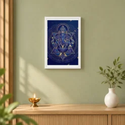 Ganesha Geometric Mandala Blue Gold Sacred Geometry Art Photo Frame — white frame distant wall