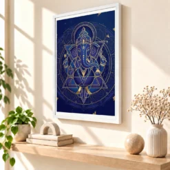Ganesha Geometric Mandala Blue Gold Sacred Geometry Art Photo Frame — white frame warm console