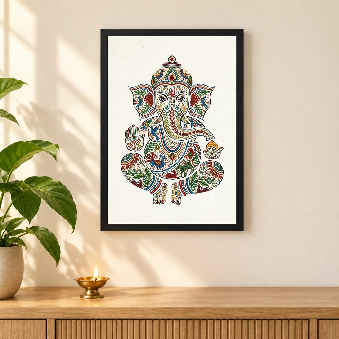 Ganesha Gond Tribal Art Colorful Madhya Pradesh Folk Art Photo Frame 3 Ganesha Gond Tribal Art Colorful Madhya Pradesh Folk Art Photo Frame — black frame pooja shelf