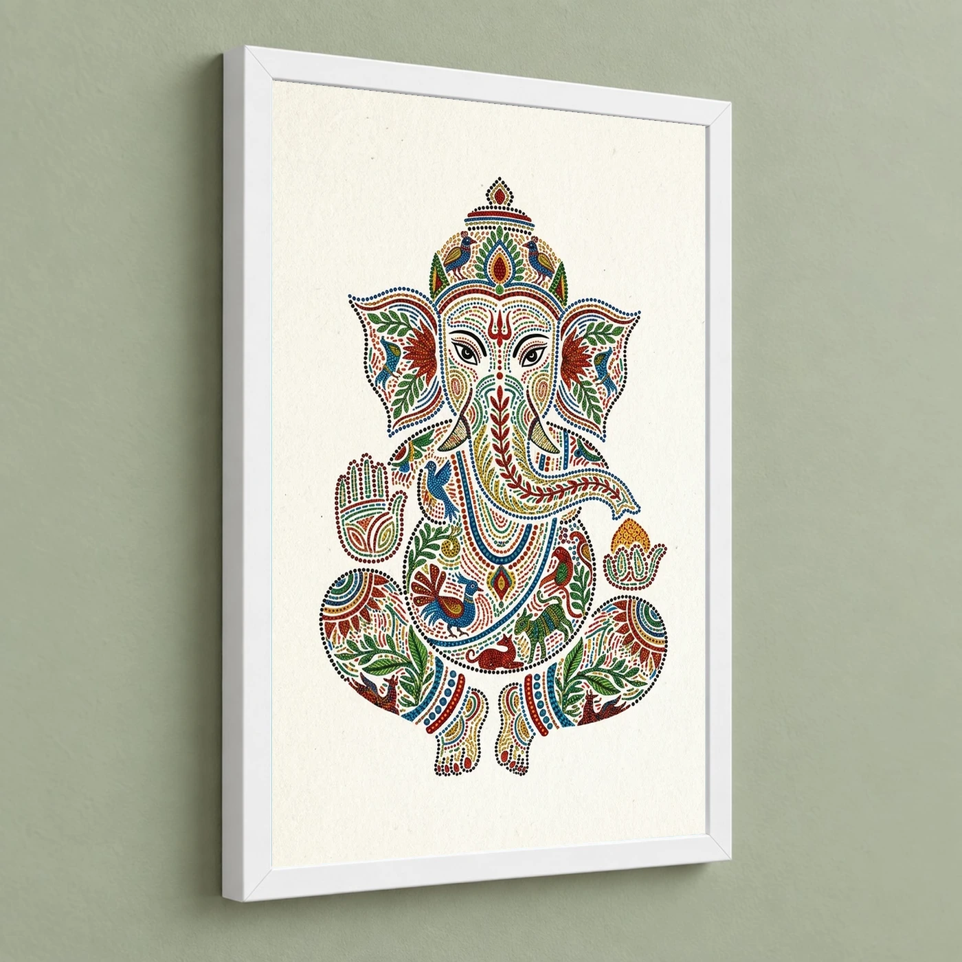 Ganesha Gond Tribal Art Colorful Madhya Pradesh Folk Art Photo Frame 5 Ganesha Gond Tribal Art Colorful Madhya Pradesh Folk Art Photo Frame — white frame angled wall