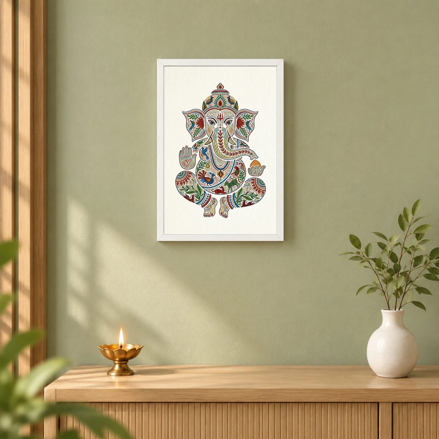 Ganesha Gond Tribal Art Colorful Madhya Pradesh Folk Art Photo Frame 6 Ganesha Gond Tribal Art Colorful Madhya Pradesh Folk Art Photo Frame — white frame distant wall