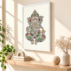 Ganesha Gond Tribal Art Colorful Madhya Pradesh Folk Art Photo Frame 15 Ganesha Gond Tribal Art Colorful Madhya Pradesh Folk Art Photo Frame — white frame warm console