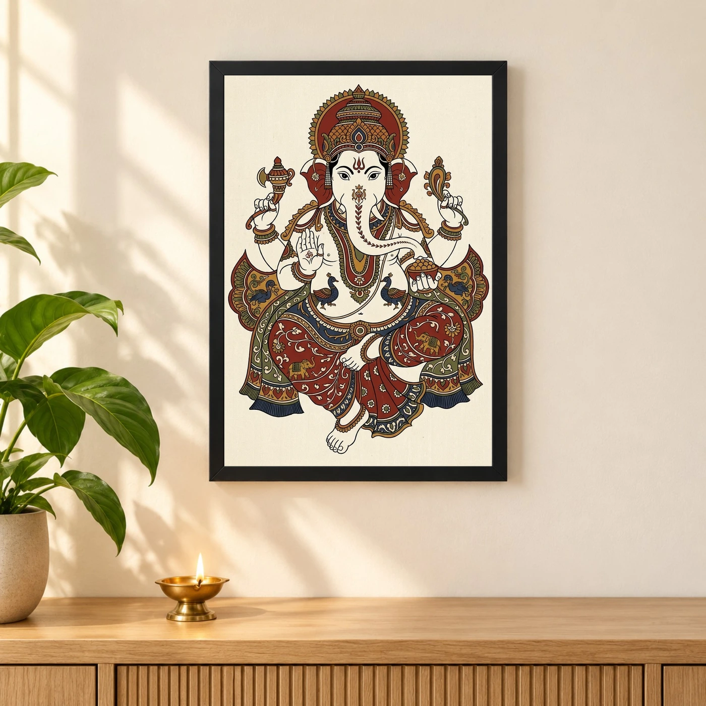 Ganesha Kalamkari Style Andhra Folk Art Earth Tones Photo Frame 3 Ganesha Kalamkari Style Andhra Folk Art Earth Tones Photo Frame — black frame pooja shelf
