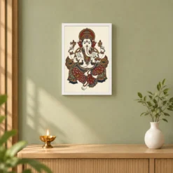 Ganesha Kalamkari Style Andhra Folk Art Earth Tones Photo Frame 14 Ganesha Kalamkari Style Andhra Folk Art Earth Tones Photo Frame — white frame distant wall