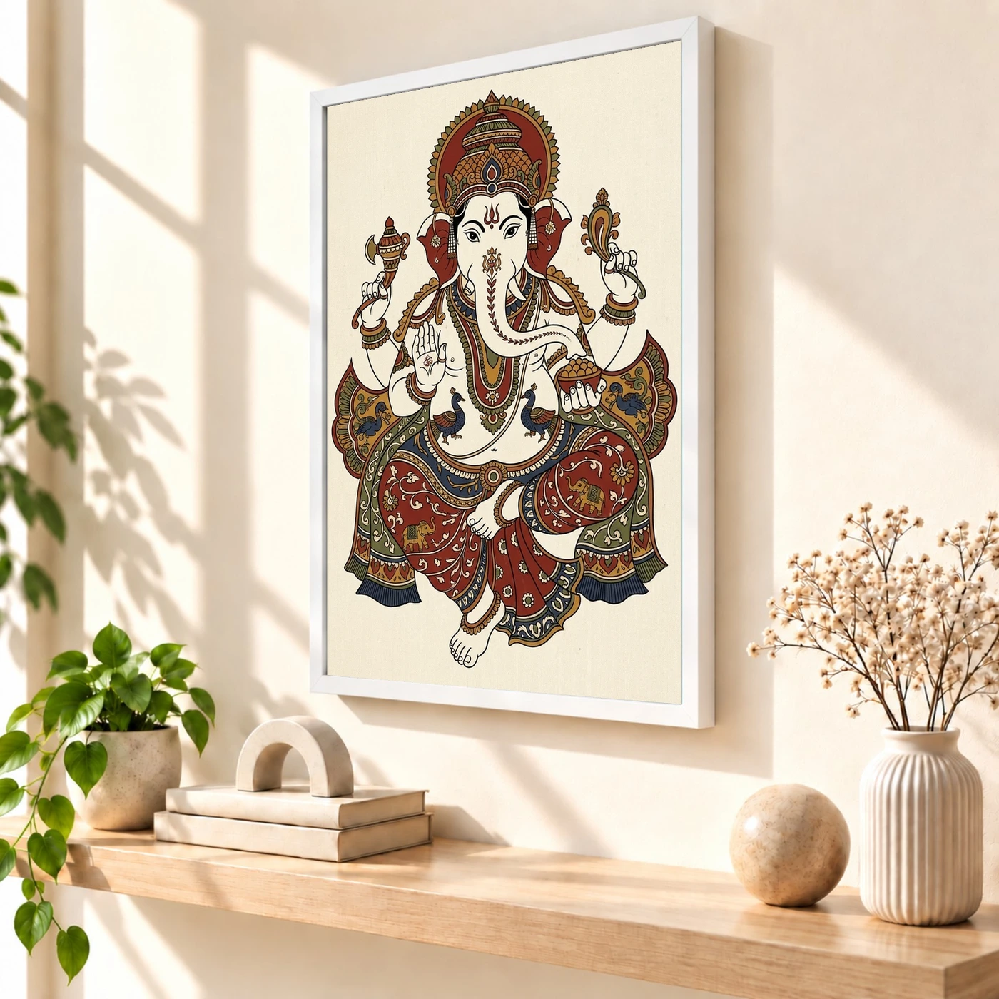 Ganesha Kalamkari Style Andhra Folk Art Earth Tones Photo Frame 7 Ganesha Kalamkari Style Andhra Folk Art Earth Tones Photo Frame — white frame warm console