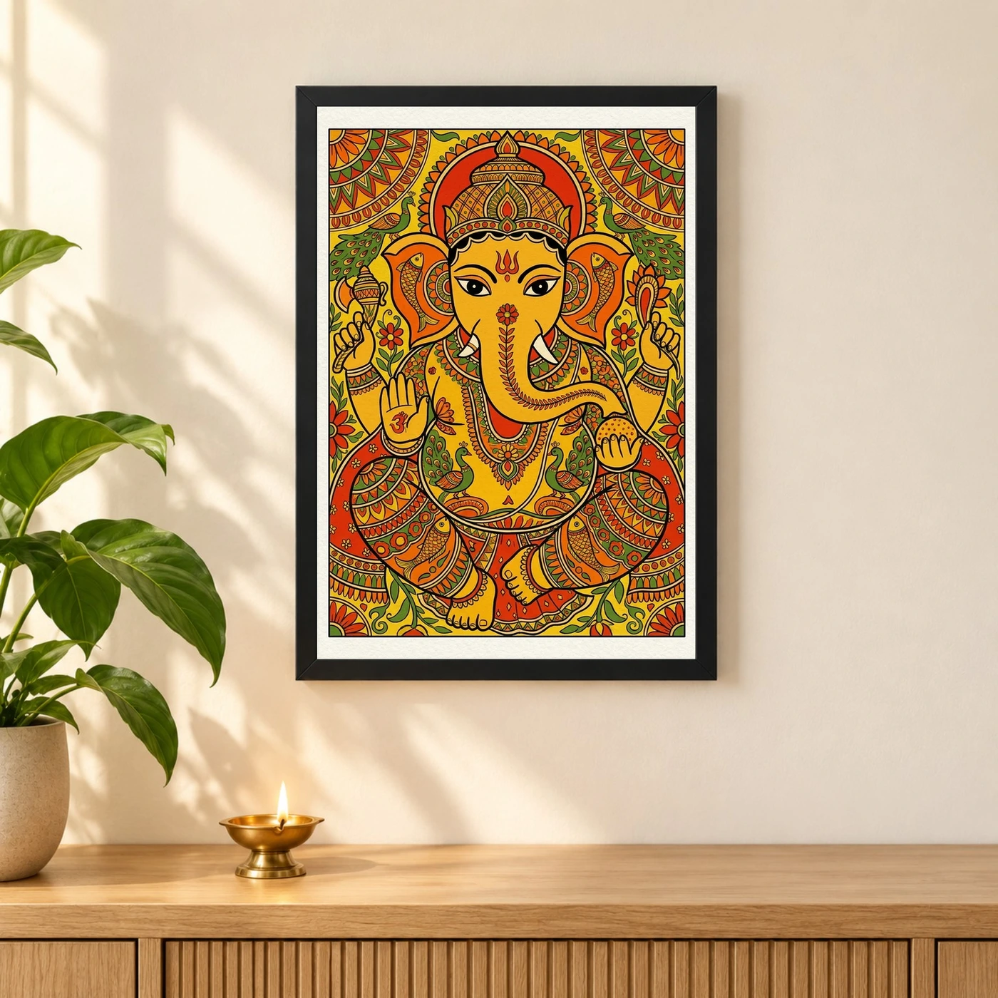 Ganesha Madhubani Folk Art Vibrant Bihar Traditional Painting Photo Frame 3 Ganesha Madhubani Folk Art Vibrant Bihar Traditional Painting Photo Frame — black frame pooja shelf