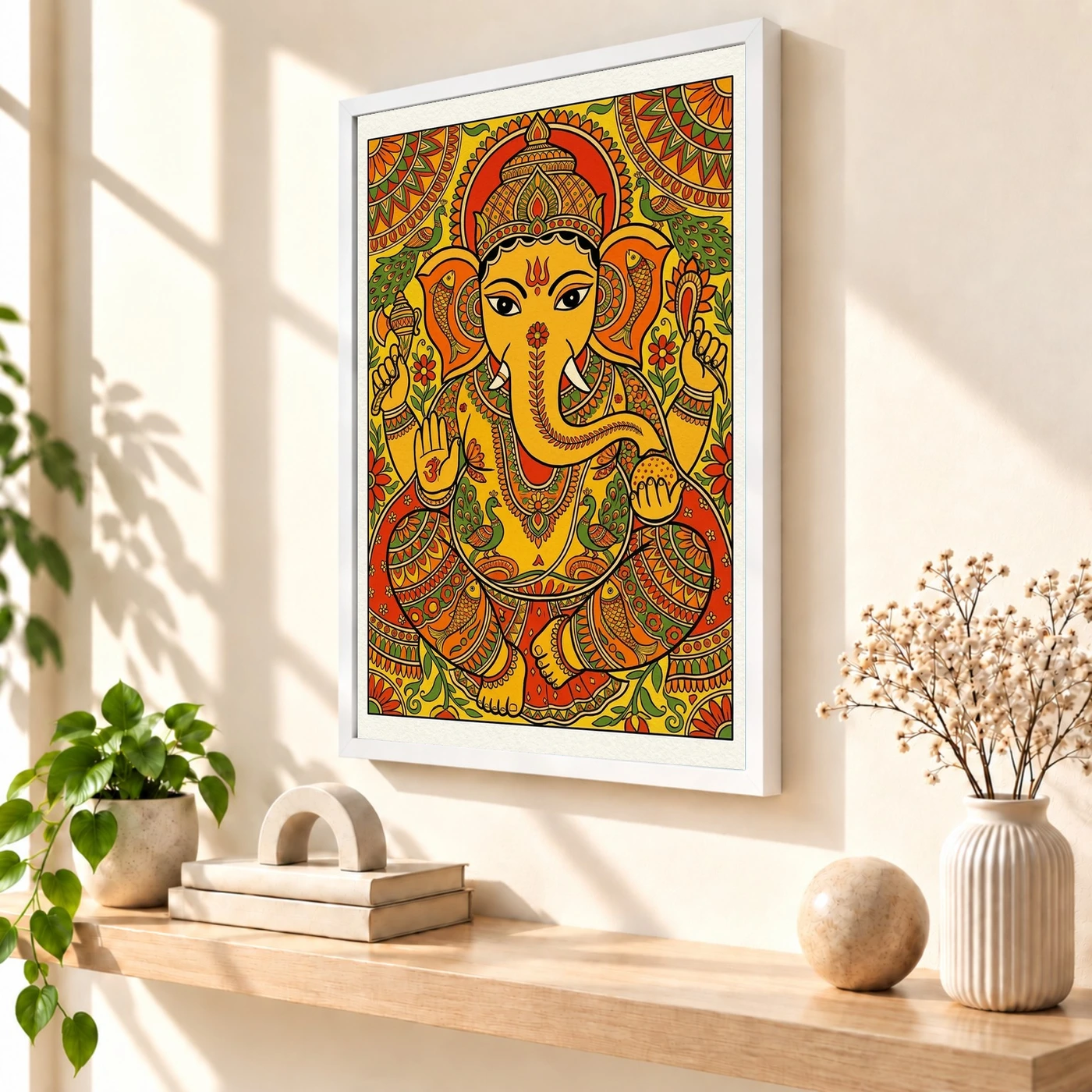 Ganesha Madhubani Folk Art Vibrant Bihar Traditional Painting Photo Frame 7 Ganesha Madhubani Folk Art Vibrant Bihar Traditional Painting Photo Frame — white frame warm console