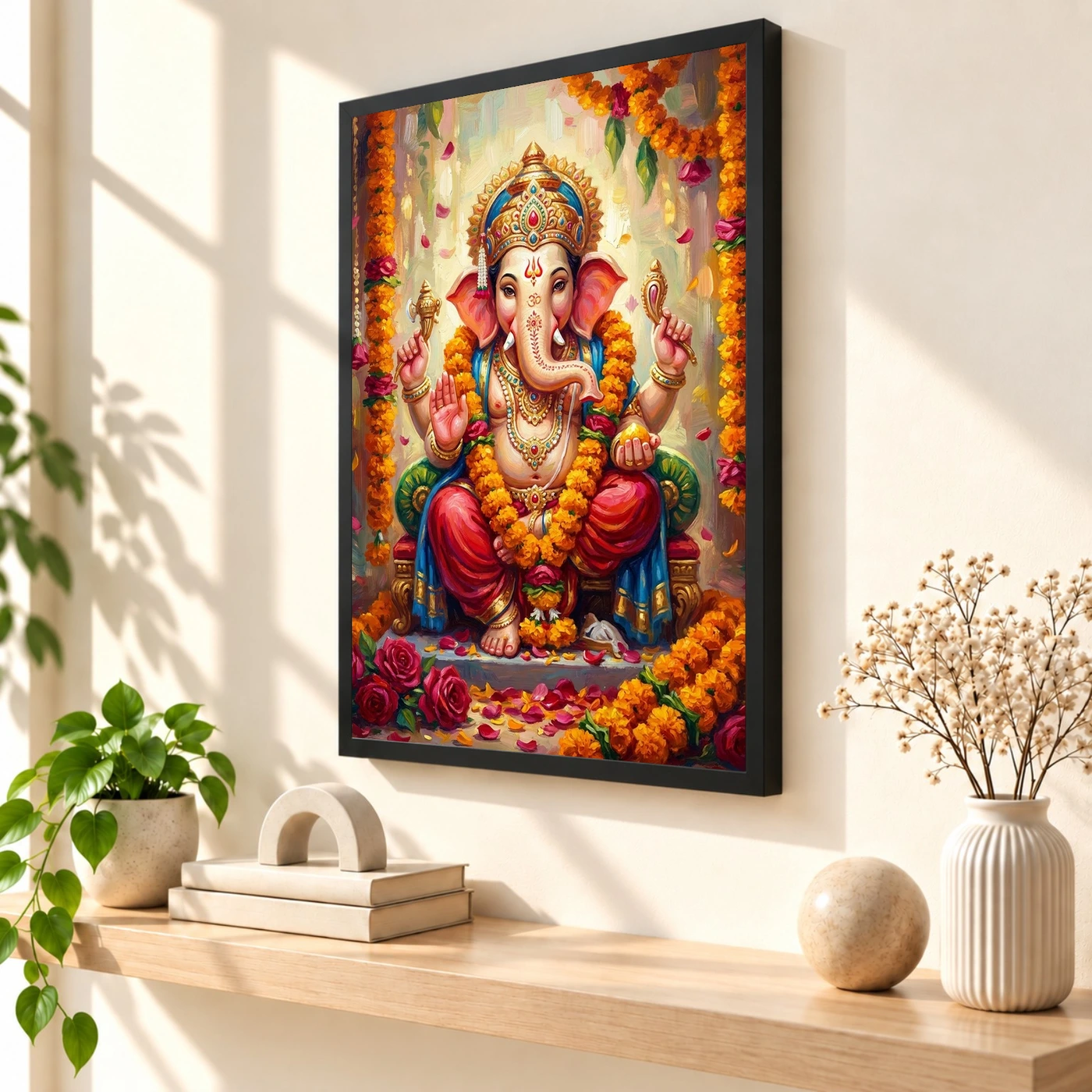 Ganesha Marigold Oil Painting Ganesh Chaturthi Festive Art Photo Frame 2 Ganesha Marigold Oil Painting Ganesh Chaturthi Festive Art Photo Frame — black frame console