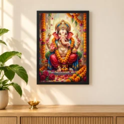 Ganesha Marigold Oil Painting Ganesh Chaturthi Festive Art Photo Frame 11 Ganesha Marigold Oil Painting Ganesh Chaturthi Festive Art Photo Frame — black frame pooja shelf