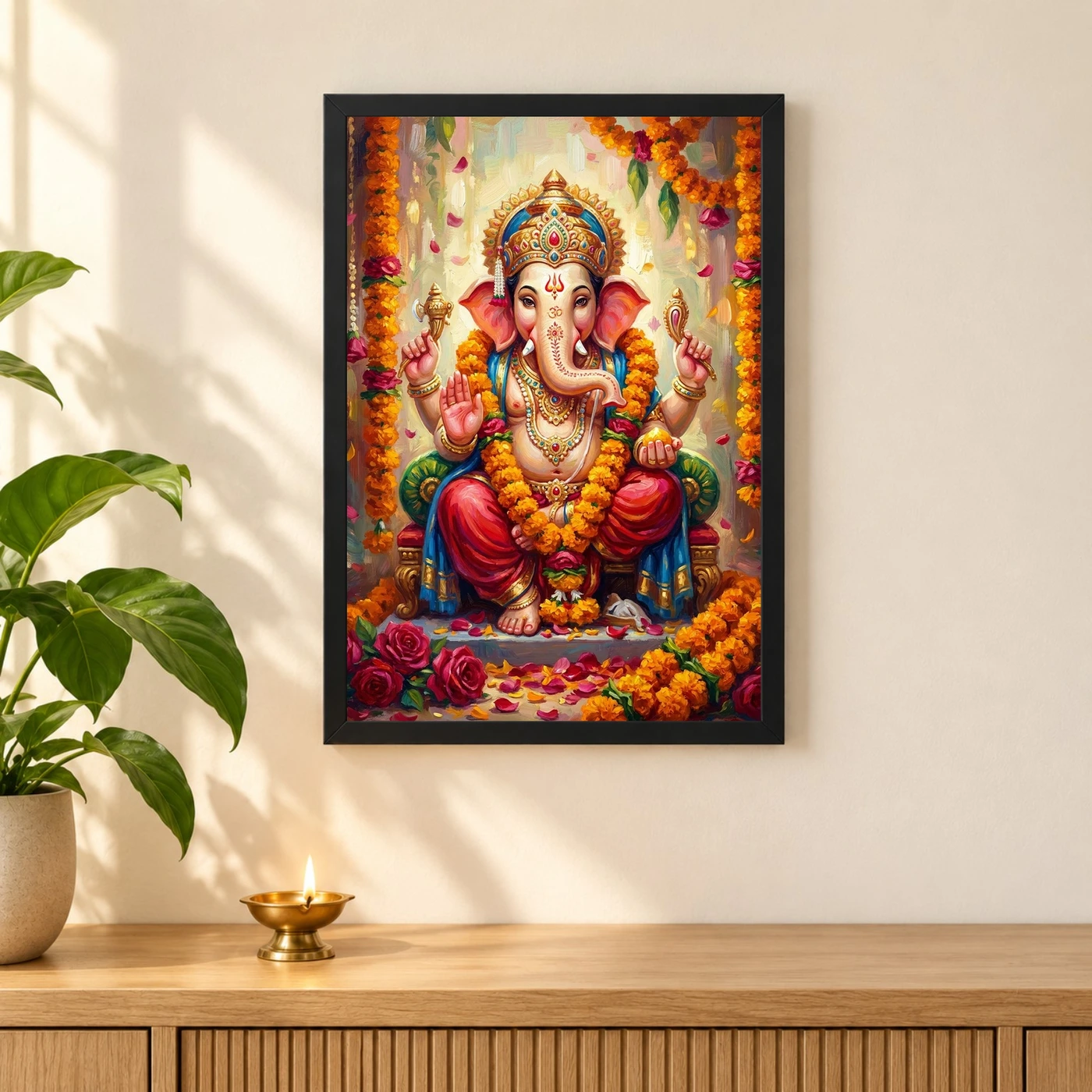 Ganesha Marigold Oil Painting Ganesh Chaturthi Festive Art Photo Frame 3 Ganesha Marigold Oil Painting Ganesh Chaturthi Festive Art Photo Frame — black frame pooja shelf