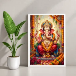 Ganesha Marigold Oil Painting Ganesh Chaturthi Festive Art Photo Frame 12 Ganesha Marigold Oil Painting Ganesh Chaturthi Festive Art Photo Frame — white frame console