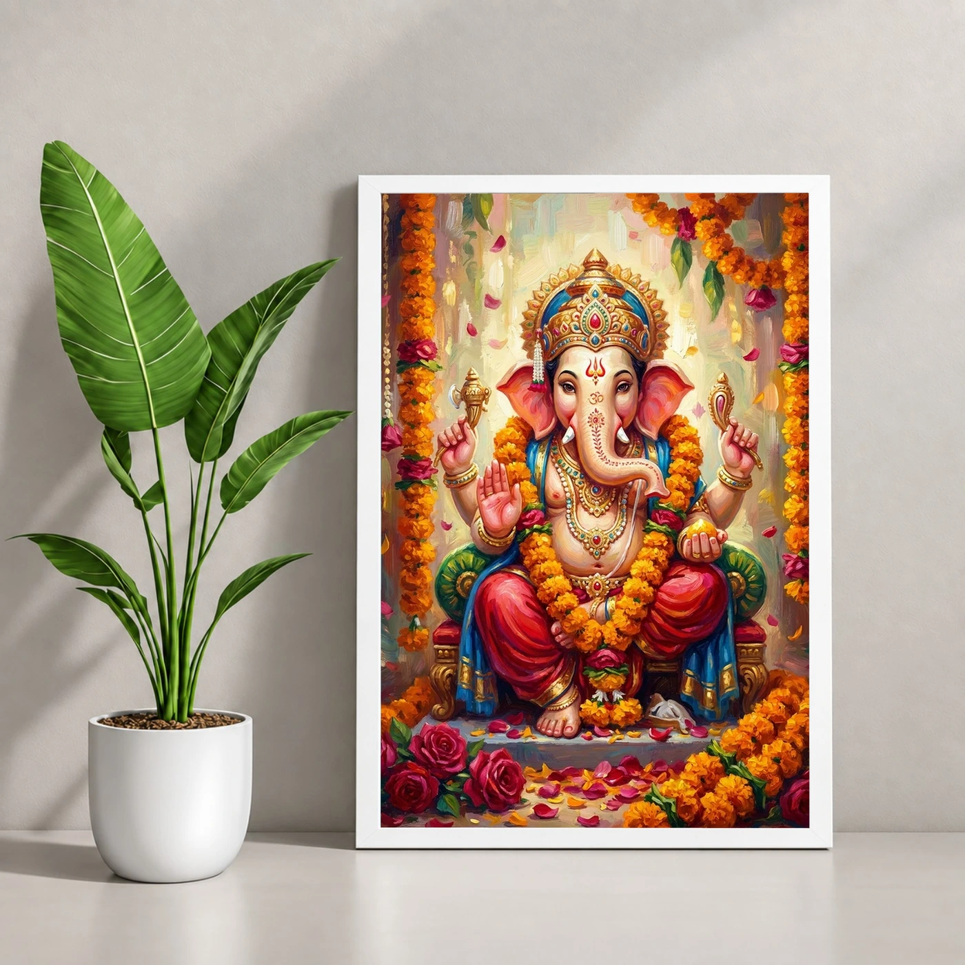 Ganesha Marigold Oil Painting Ganesh Chaturthi Festive Art Photo Frame 4 Ganesha Marigold Oil Painting Ganesh Chaturthi Festive Art Photo Frame — white frame console