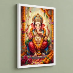Ganesha Marigold Oil Painting Ganesh Chaturthi Festive Art Photo Frame 13 Ganesha Marigold Oil Painting Ganesh Chaturthi Festive Art Photo Frame — white frame angled wall