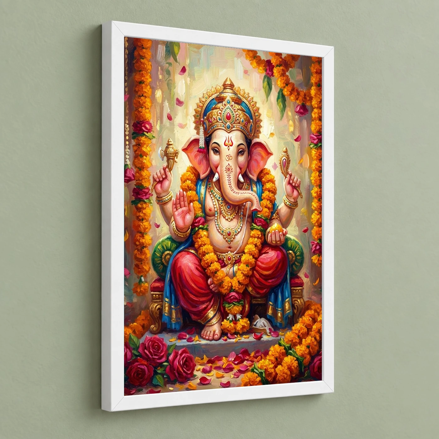 Ganesha Marigold Oil Painting Ganesh Chaturthi Festive Art Photo Frame 5 Ganesha Marigold Oil Painting Ganesh Chaturthi Festive Art Photo Frame — white frame angled wall