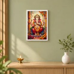 Ganesha Marigold Oil Painting Ganesh Chaturthi Festive Art Photo Frame 14 Ganesha Marigold Oil Painting Ganesh Chaturthi Festive Art Photo Frame — white frame distant wall