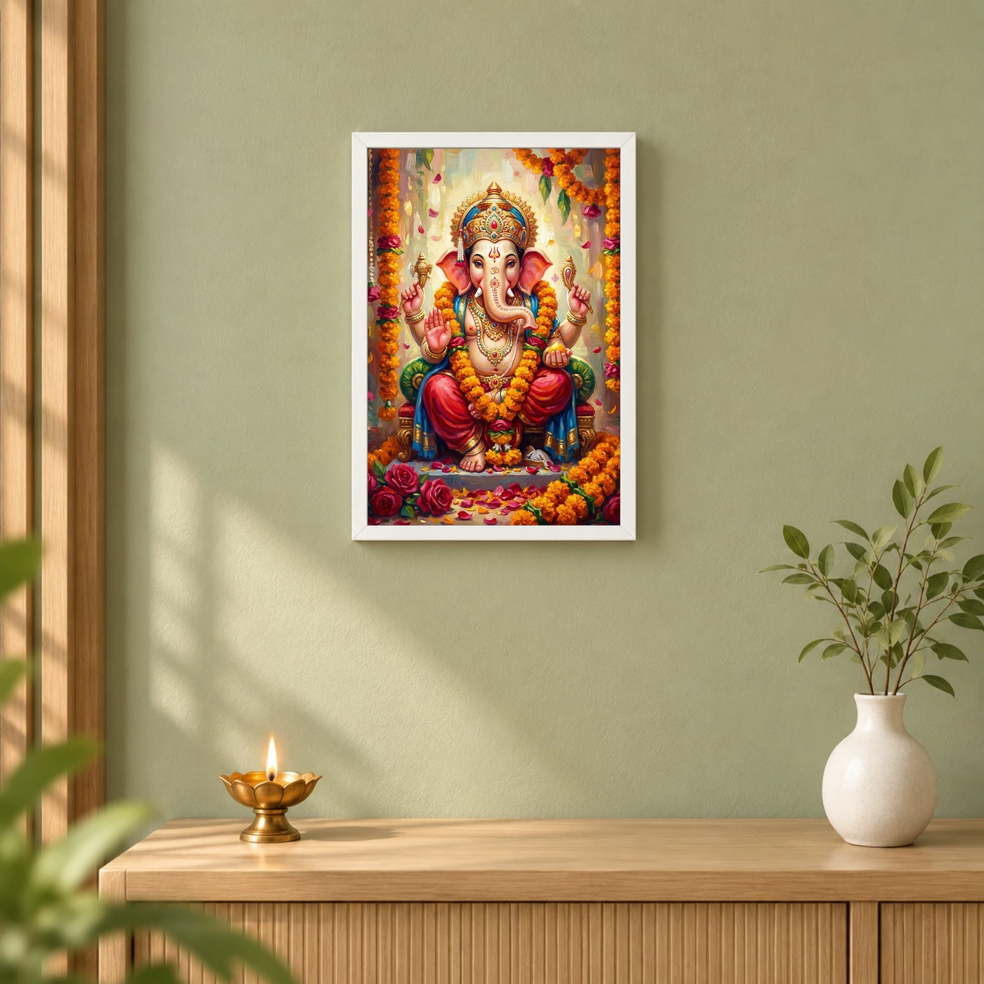 Ganesha Marigold Oil Painting Ganesh Chaturthi Festive Art Photo Frame 6 Ganesha Marigold Oil Painting Ganesh Chaturthi Festive Art Photo Frame — white frame distant wall